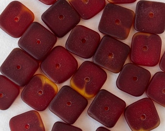 25 Deep Red Cultured Sea Glass Square Disk Beads - Faux Sea glass Beads For Jewelry Making - Frosted Glass Bead - 25 beads