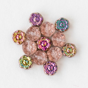 6mm Glass Flower Beads - Czech Glass Beads - Dusty Rose with Metallic Iris Finish - 30 beads