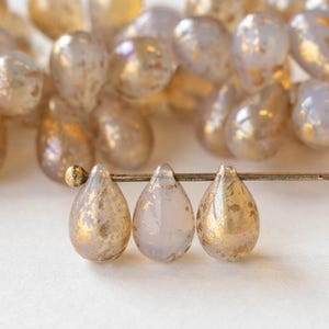 25 - 6x9mm Glass  Teardrop Beads - Czech Glass Beads  - Milky White Opaline with Gold Dust - 25 Beads