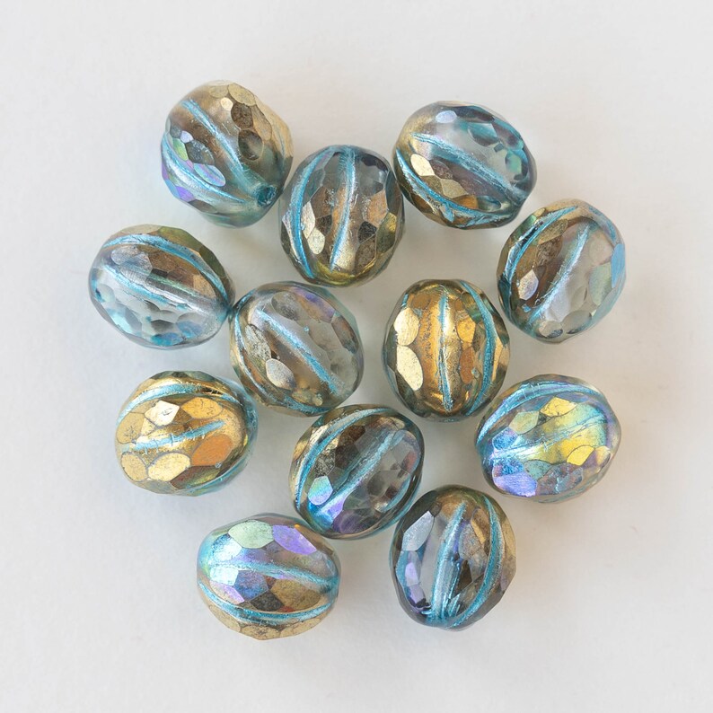 10mm Faceted Melon Beads 10mm Round Beads Czech Glass Beads Transparent Glass with a Gold Luster and a Turquoise Finish 12 Beads image 3