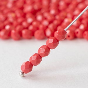 4mm round firepolished beads For Jewelry Making - Czech Glass Beads - Opaque Coral Red - 50 beads