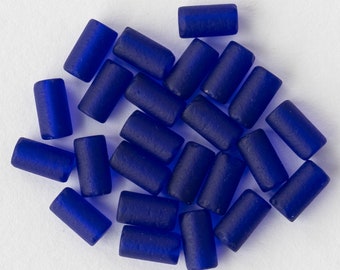 2 Strands - Sea Glass Beads - 9x4mm Tube Beads -Cultured Seaglass Tube Beads - Jewelry Making Supply - Cobalt Blue - 46 pieces
