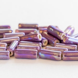 6x17mm Glazed Ceramic Tube Beads - Iridescent Purple Passion