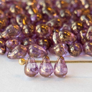 4x6mm Glass Teardrop Beads - Light Lavender with Gold Shimmer - Czech Glass Beads - 6x4mm - 100 Beads