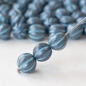 20 - 8mm Glass Melon Beads - Czech Glass Beads - Opaque Slate Blue with Light Blue Wash - 20 Beads