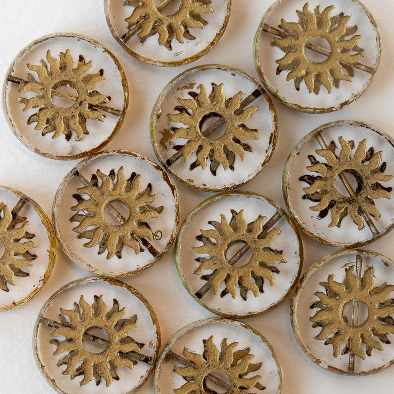 Czech Glass Sun Coin Beads Czech Glass Beads 22mm Coin Beads Crystal with Gold Wash 1 Bead image 2