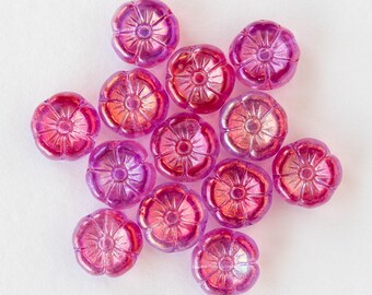 9mm Glass Flower Beads - Czech Glass Beads - Pink Magenta AB  - 20 beads