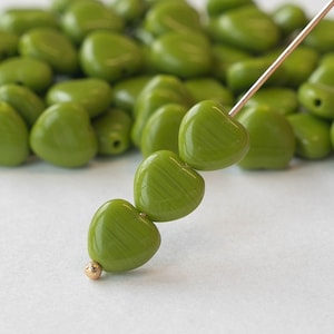 20 - 8mm Heart Beads - Czech Glass Beads - Opaque Olive Green - 20 hearts