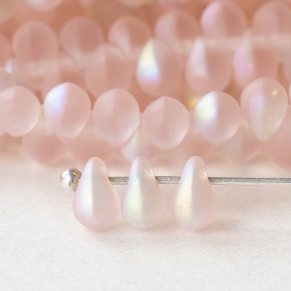 100 - 4x6mm Glass Teardrop Beads - Czech Glass Beads - Mermaids Tears - Fringe Beads - Light Pink Matte - 100