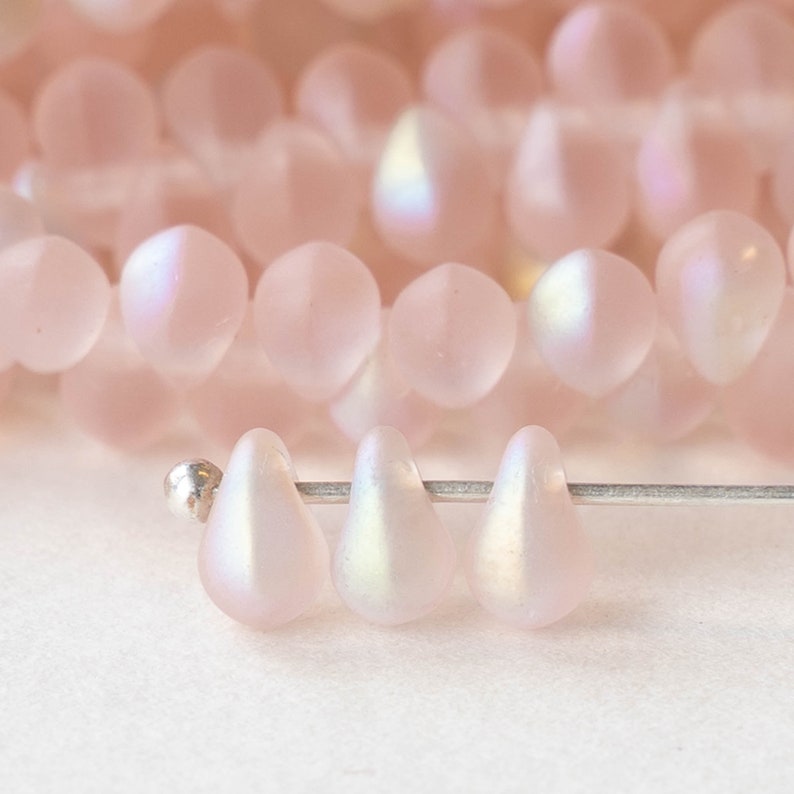 100 4x6mm Glass Teardrop Beads Czech Glass Beads Mermaids Tears Fringe Beads Light Pink Matte 100 image 1