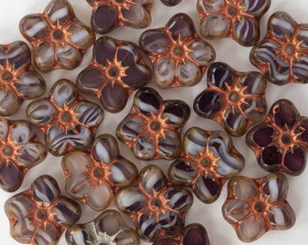 Table Cut Czech Flower Beads - Czech Glass Beads For Jewelry Making - 14x12mm - Topaz Stripes with Copper Wash - 10 beads
