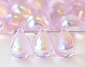 12 or 24 - 10x14mm Glass Teardrop Beads - Czech Glass Beads - Aurora Borealis - Pink AB - Choose Amount