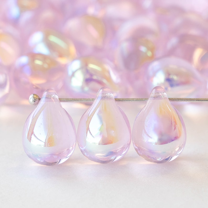 12 or 24 10x14mm Glass Teardrop Beads Czech Glass Beads Aurora Borealis Pink AB Choose Amount image 1