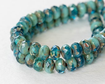 3x5mm Rondelle Beads - Czech Glass Beads - 5x3mm Rondelle - Turquoise Blue Picasso Mix - 30 Beads