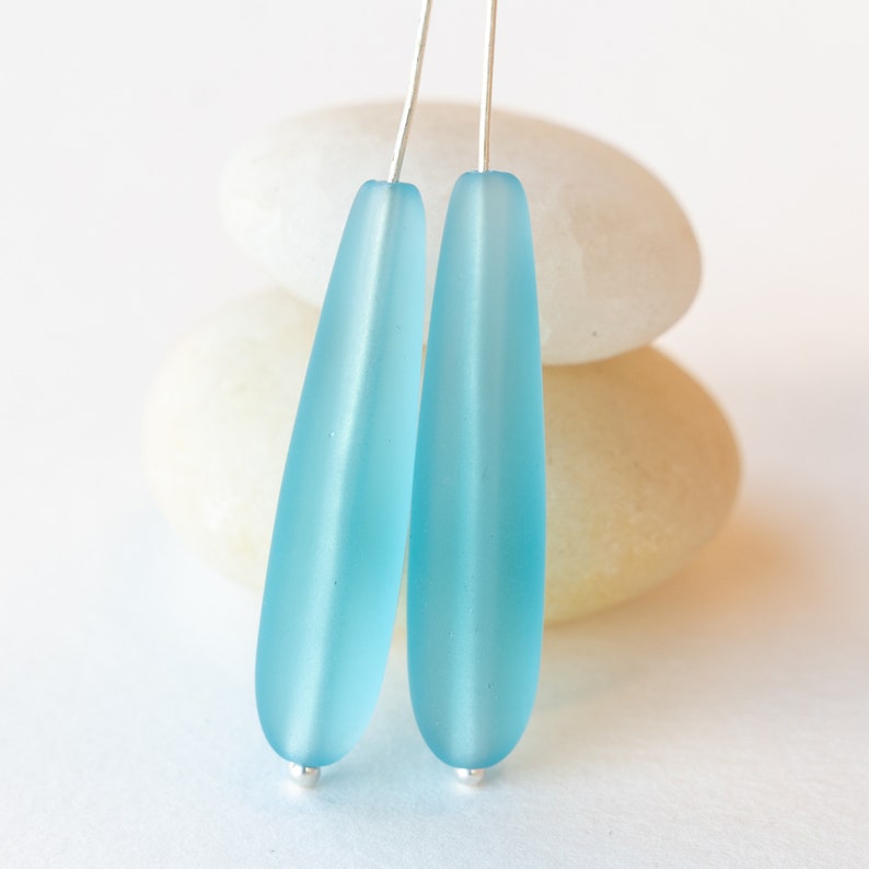 10 Teardrops Sea Glass Beads Aqua Long Drill Teardrop Beads For Jewelry Making Jewelry Frosted Beads Recycled Glass Beads 38x8mm image 3