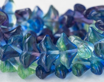 Art Deco Flower Beads - Czech Glass Beads - Transparent Blue Purple Aqua Mix - 20 beads