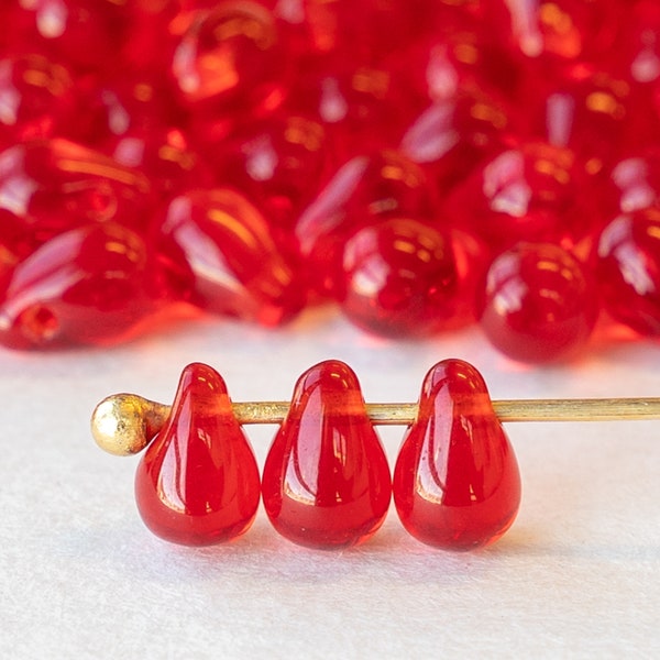 4x6 Red Teardrop Beads  - Czech Glass Beads - Fringe Beads 6x4mm (100 count)