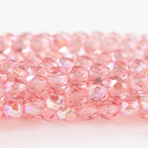 25 - 6mm Faceted Round Beads - Czech Glass Beads - Transparent Pink AB - 25 beads