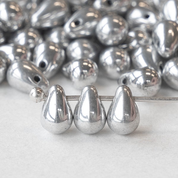 100 - 4x6mm Teardrop Beads For Jewelry Making - Czech Glass Beads - Metallic Silver - 100