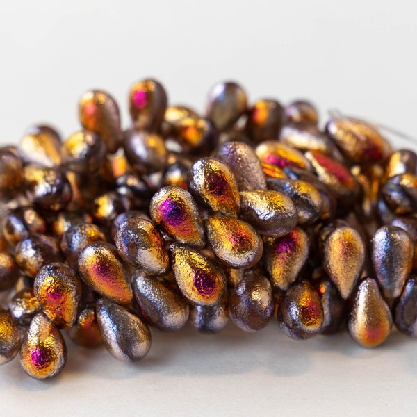 6x9mm Glass Teardrop Beads For Jewelry Making - Czech Glass Beads - Gold Etched Fire Tones - 25 beads - Smooth Briolette Beads