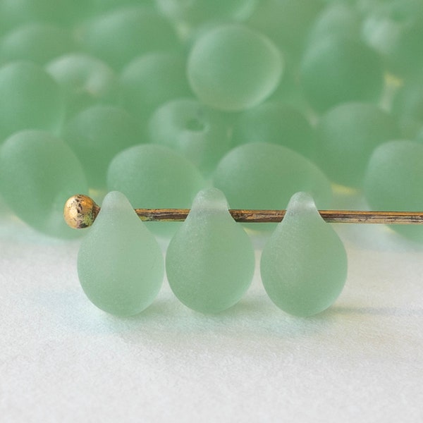 120 - 5x7mm Teardrop Beads - Frosted Glass Beads - 7x5mm - Czech Glass Beads - Matte Lt Green - Smooth Briolette Beads - 120 beads