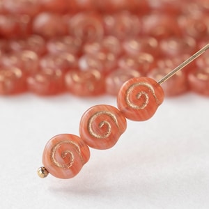 8mm Spiral Coin Beads -For Jewelry Making - Peach with Gold Decor - Czech Glass Beads - 25 Beads