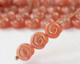 8mm Spiral Coin Beads -For Jewelry Making - Peach with Gold Decor - Czech Glass Beads - 25 Beads