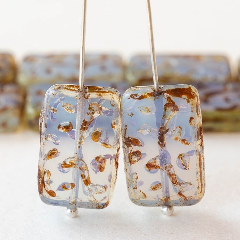 19mm Groovy Rectangle Beads Czech Rectangle Bead Light Sapphire Opaline with Picasso Finish Czech Glass Beads Choose Amount image 1