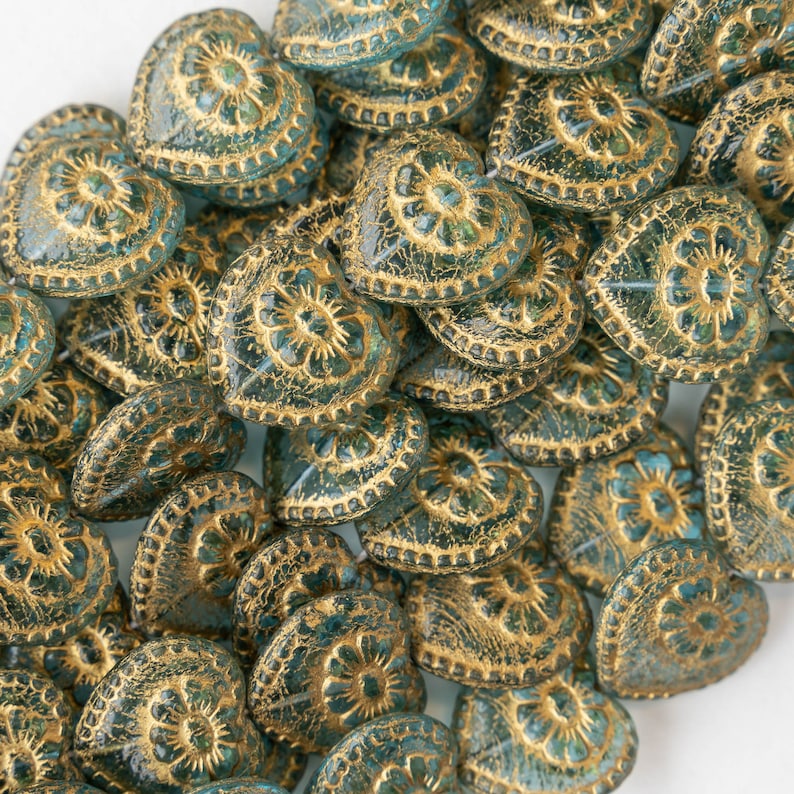 Czech Glass Heart Beads Jewelry Making Supplies Aqua With Gold Inlay 17mm 4 or 10 beads image 4