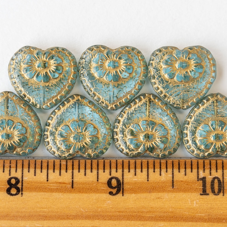 Czech Glass Heart Beads Jewelry Making Supplies Aqua With Gold Inlay 17mm 4 or 10 beads image 6