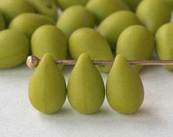 6x9mm Glass Teardrop Beads - Czech Glass Beads - Smooth Briolette Beads - Opaque Matte Green - 25 beads