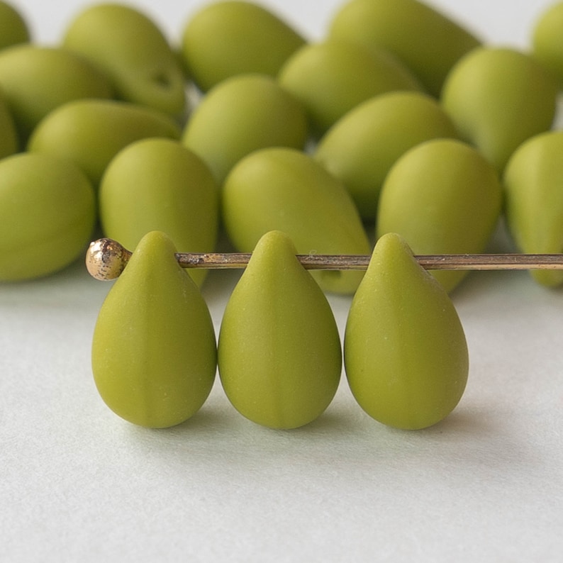 6x9mm Glass Teardrop Beads Czech Glass Beads Smooth Briolette Beads Opaque Matte Green 25 beads image 1