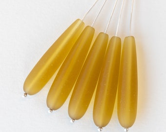 10 Teardrops - Long Sea Glass Teardrops - Cultured Sea Glass Beads - Jewelry Making - Frosted Glass Beads - 38x8mm - Golden Honey Amber