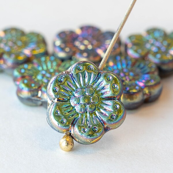 14mm Anemone Flower Beads - Czech Glass Beads - 14mm Flower Beads - Metallic Iris AB - 10 Beads