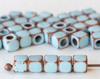 5.5mm Ceramic Cube Beads from Mykonos Greece - Large Hole Beads For Jewelry - Baby Blue on Terra Cotta - 10 beads