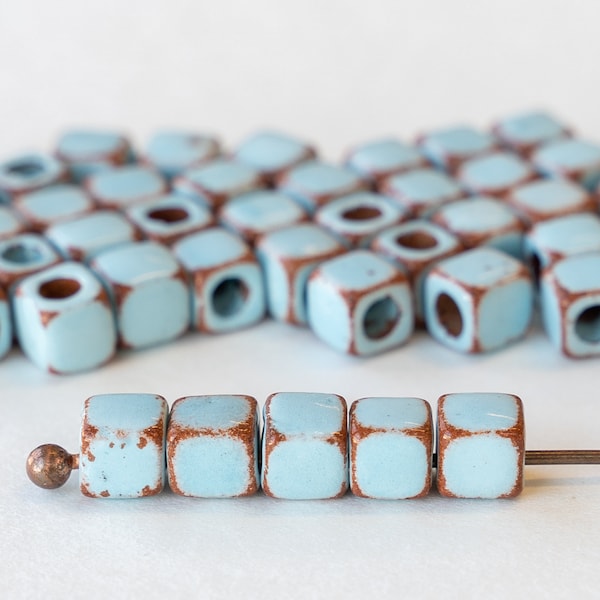 5.5mm Ceramic Cube Beads from Mykonos Greece - Large Hole Beads For Jewelry - Baby Blue on Terra Cotta - 10 beads