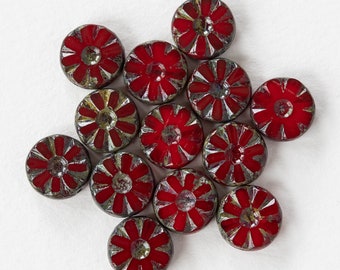 12mm Sunflower Coin Beads - Czech Glass Coin Beads - Red with a Picasso Finish - 6 or 12 Beads