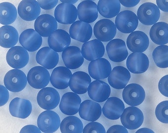 5mm Round Sea Glass Beads - Recycled Glass Beads - Beach Glass Beads - Sapphire Blue Beads -16 Inches