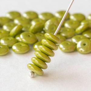 50 - 6mm Rondelle Beads - Disk Spacer Bead - 6mm Saucer Beads - Lime Green with a White Luster - 50 beads