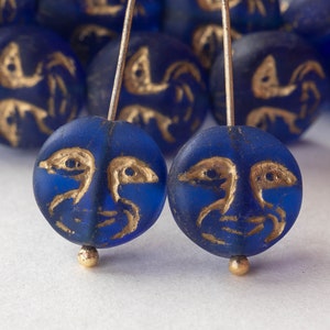 15 13mm Glass Moon Coin Czech Glass Beads Navy Blue with Gold Wash 15 beads image 1