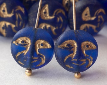 15 - 13mm Glass  Moon Coin - Czech Glass Beads - Navy Blue with Gold Wash - 15 beads