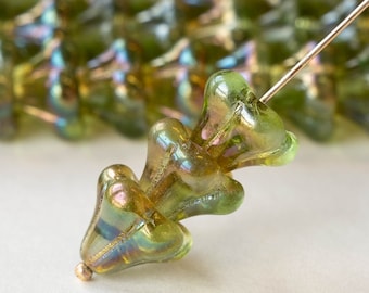 Trumpet Flower Beads For Jewelry Making - Czech Glass Beads -  Peridot Green Celsian - 10 beads