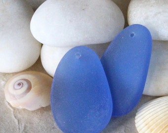 Cultured Sea Glass Beads For Jewelry Making Supply - Beach Glass Beads -  Recycled Sea Glass Pendant - Sapphire Blue Sea Glass 32x20mm