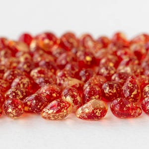 30 - 6x9mm Glass Teardrop Beads For Jewelry Making - Czech Glass Beads - Transparent Red and Crystal with Gold Dust - 30 beads