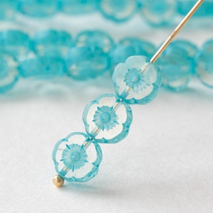 8mm Glass Flower Beads - Table Cut Czech Glass Beads - Crystal Glass with Aqua Wash - 16 beads