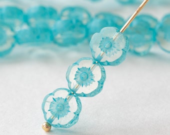 8mm Glass Flower Beads - Table Cut Czech Glass Beads - Crystal Glass with Aqua Wash - 16 beads