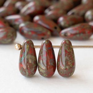 30 -  5x10mm Glass Teardrop Beads - Czech Glass Beads - Red Picasso - 30 Beads