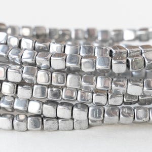 40 - 4mm Glass Cube Beads - Czech Glass Beads - Silver - 40 beads