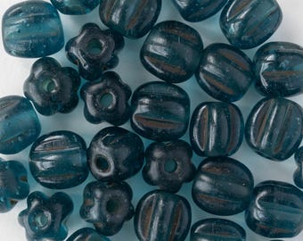 Java 10mm Glass Pompeii Melon Beads - Dark Teal - Whole or Half Strand