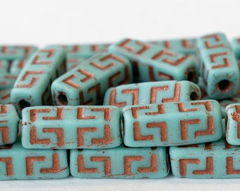 15mm Glass Rectangle Tube Beads - Celtic Block - Czech Glass Beads -  Opaque Turquoise with Gold Wash - 10 beads